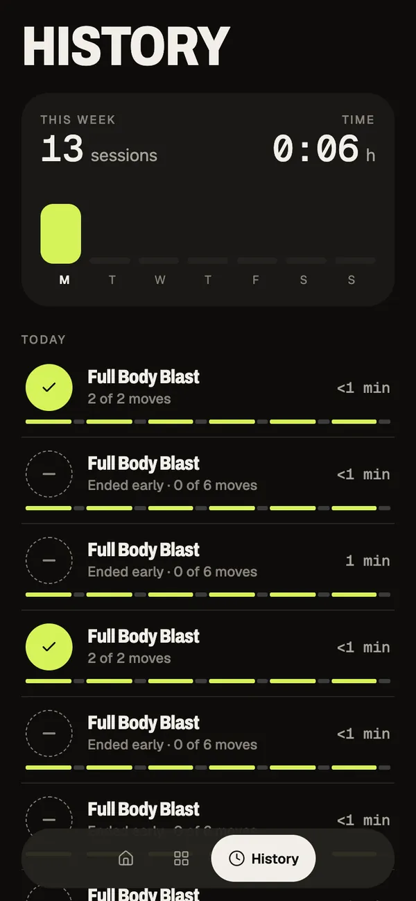 History: a this-week card with sessions and time, then today’s sessions with moves done or ended early.