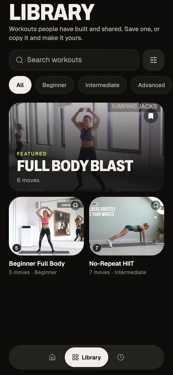 The public Library: search, difficulty chips, a featured Full Body Blast card and a grid of workouts with save buttons.