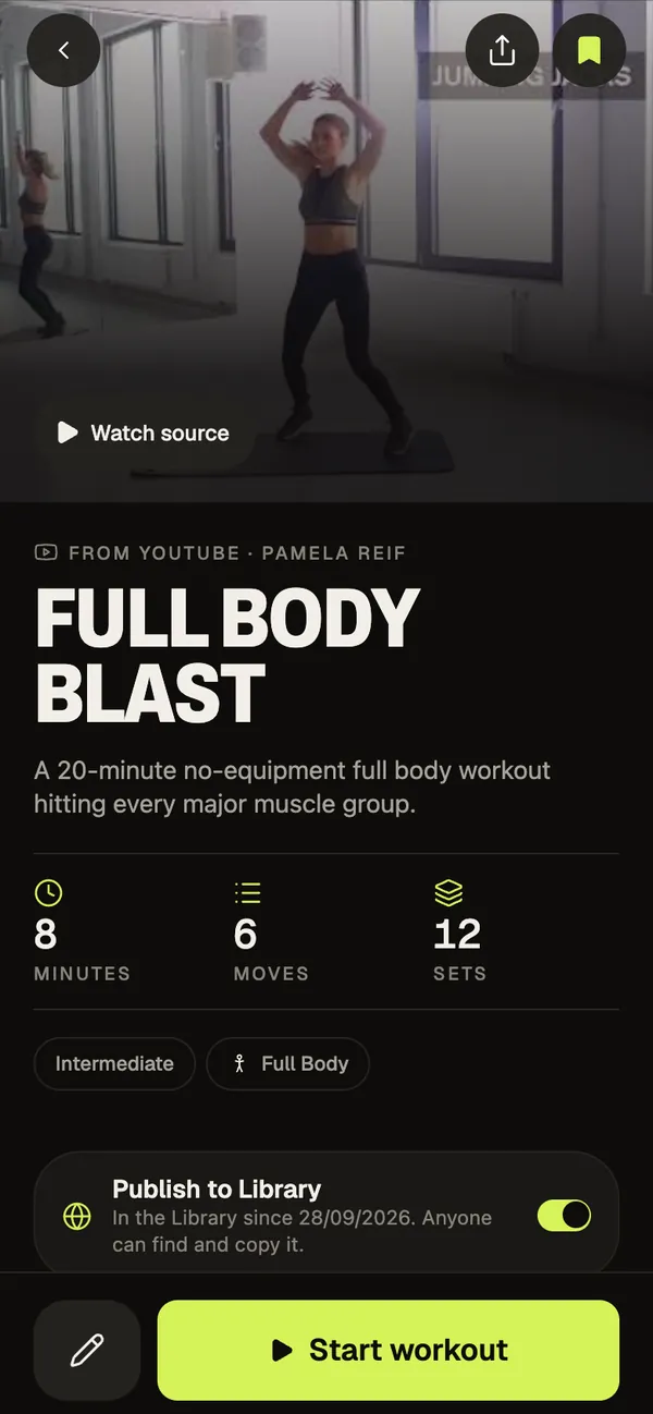Plan detail for Full Body Blast: video cover, from YouTube, 8 minutes, 6 moves, 12 sets, and a lime Start workout button.