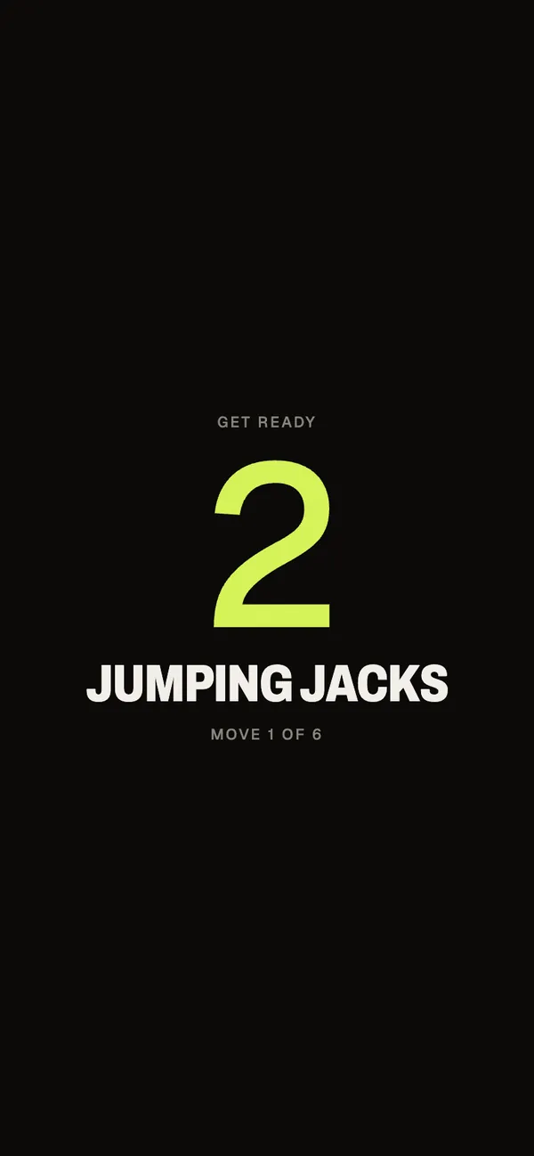 A 3-2-1 count-in: Get ready, a huge lime 2, then Jumping Jacks, move 1 of 6.
