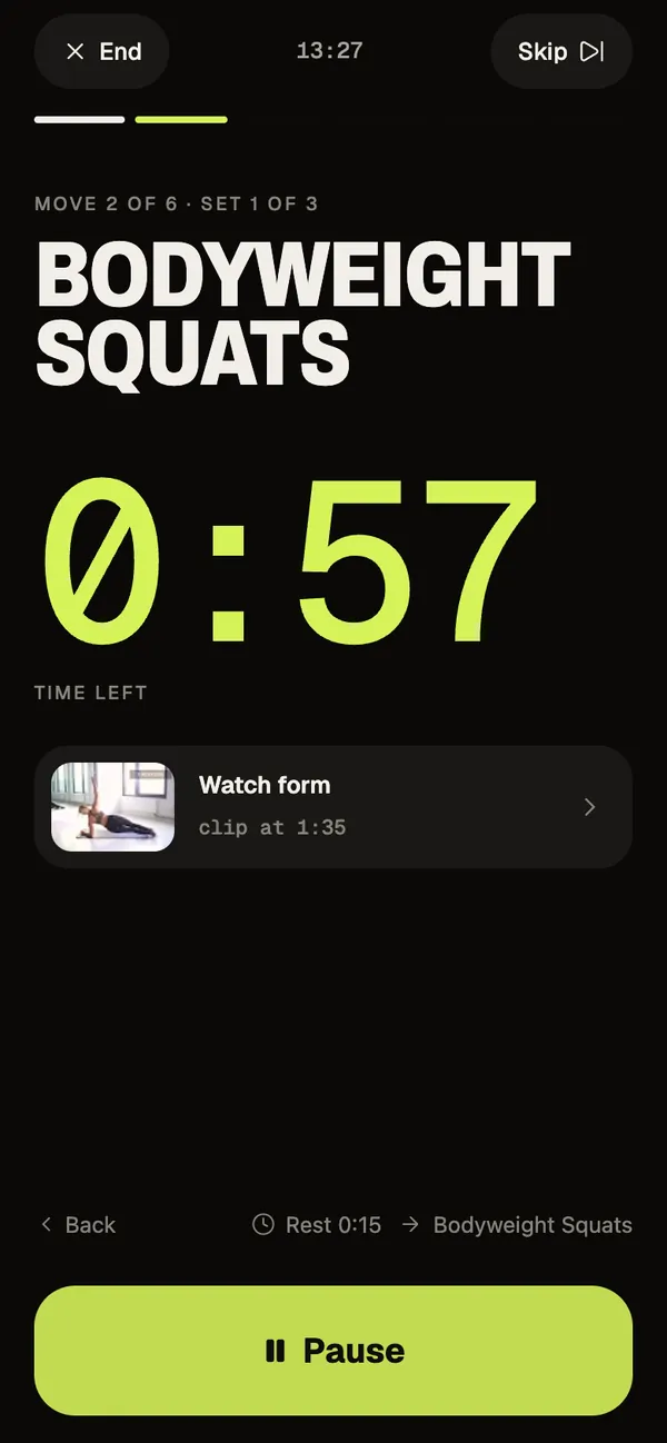 Move 2 of 6, set 1 of 3: Bodyweight Squats in huge capitals over a big lime countdown and a Watch form row.
