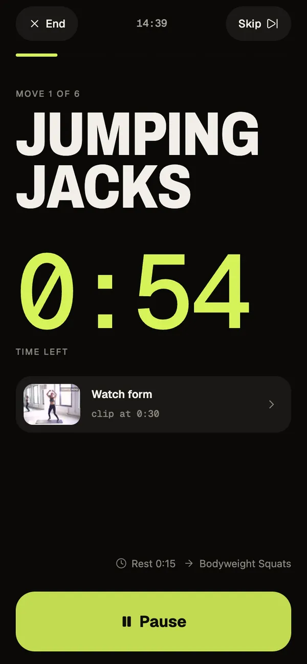 Weave player during a timed move: the name Jumping Jacks in huge capitals, a 0:54 countdown in lime, a Watch form row and a large Pause button.