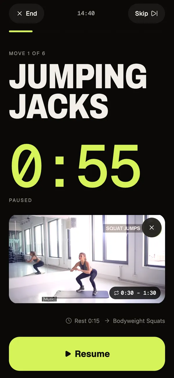 The player paused on Jumping Jacks with the reference video open at the clip from 0:30 to 1:30 that shows the move.
